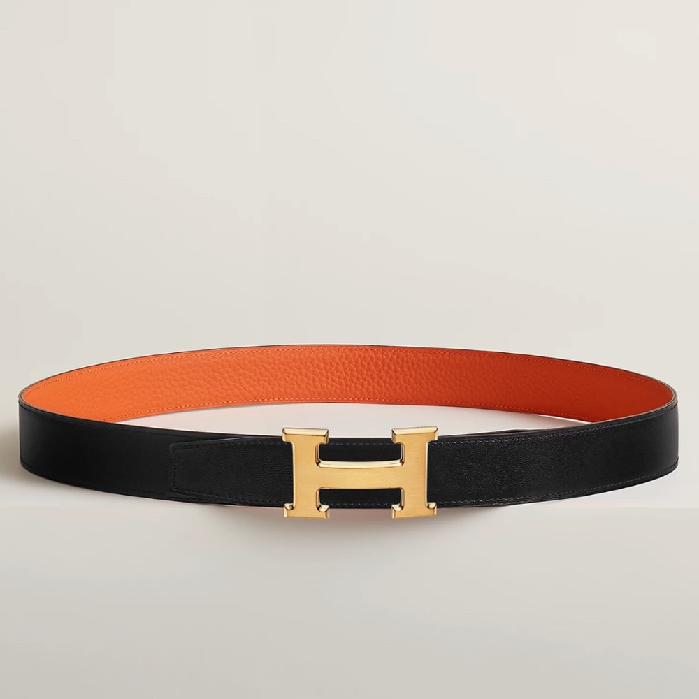HERMES - H BELT BUCKLE and REVERSIBLE LEATHER STRAP - Noir/Orange